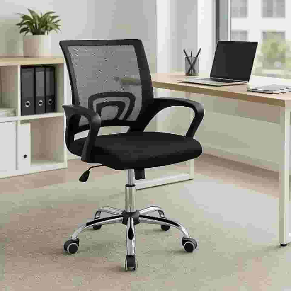 Cadeira de Escritório Secretária Diretor Base Cromada com Rodinha Giratória com Encosto Altura Ajustável Detroit Tela Mesh Preta