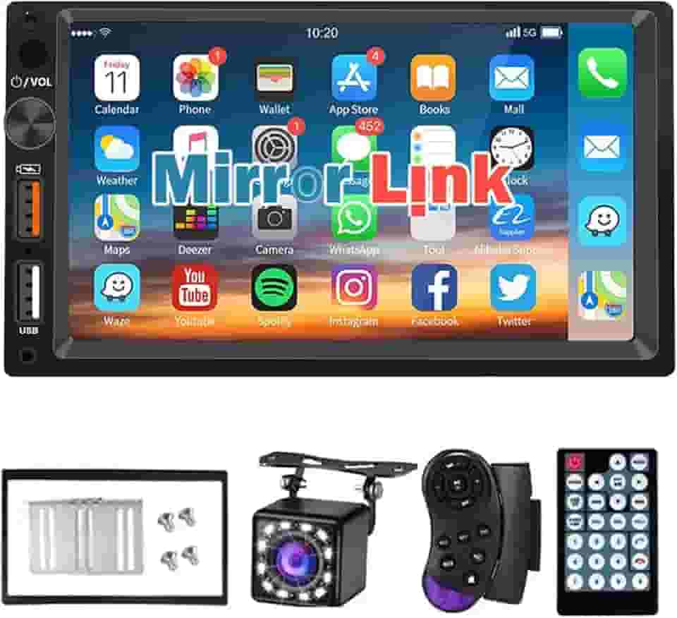 2 Din Car Stereo 7” Touch Screen, Mirrorlink & Android Auto, Bluetooth 5.1, Câmera Retrovisora, Portas USB/SD, Rádio FM - Ideal para Sedan, SUV, Motoristas de Caminhão