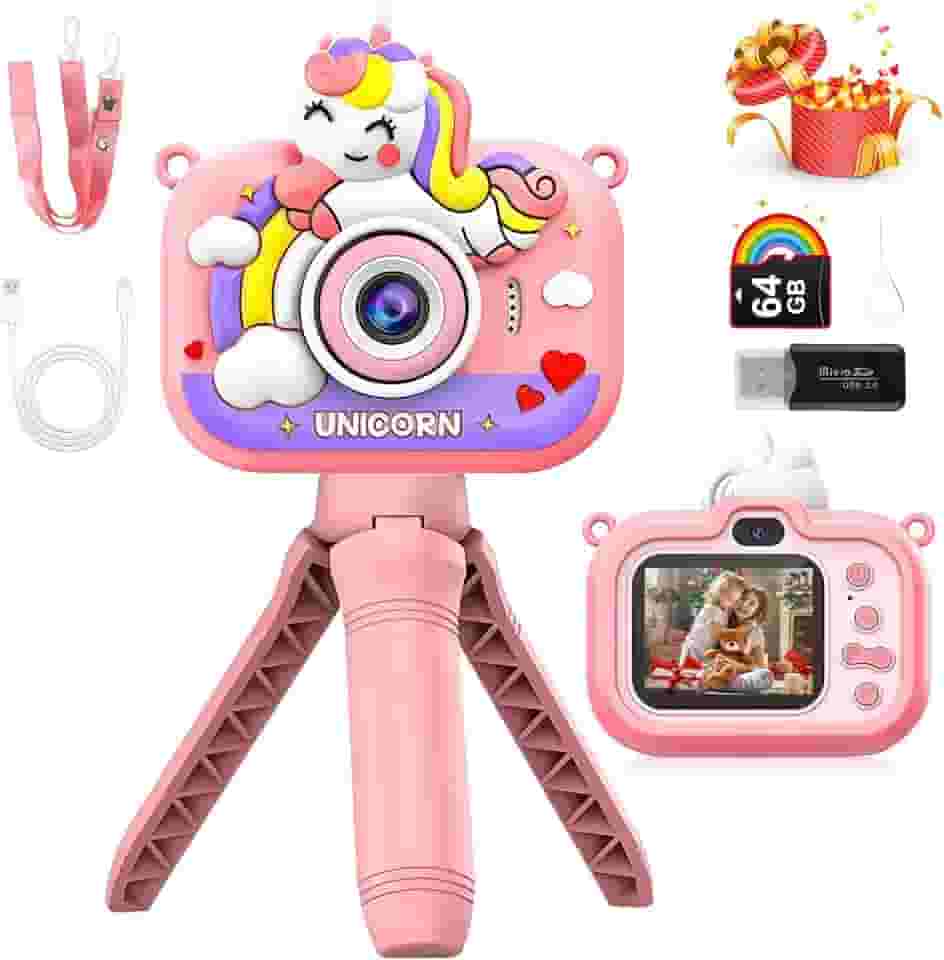 Máquina Fotográfica Infantil Selfie Câmera Digital, Presentes Brinquedo Menina de 3 a 12 anos, 96 MP, Pantalla 2" IPS 1080P HD, 600mAh com Jogos Divertidos Portátil, 64 G SD (Unicórnio Rosa
