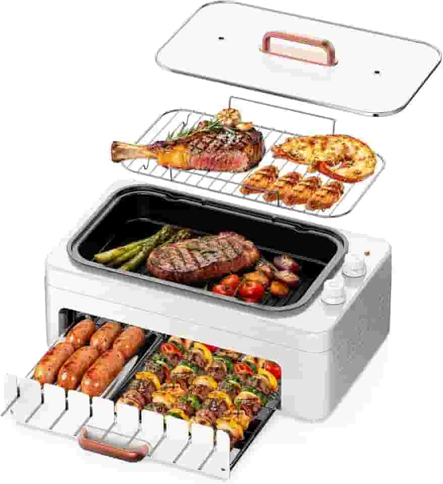 Churrasqueira Elétrica 4 em 1 sem Fumaça para Uso Interno – Grill de Bancada com Chapa e Grelha Removíveis,Espetos Giratórios Automáticos e Rolo para Salsichas,Dupla Zona de Aquecimento com Tampa