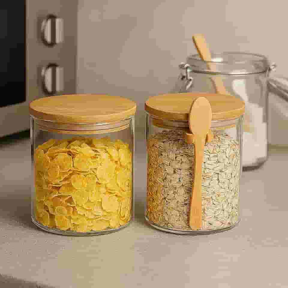 Kit 2 Potes de Vidro 450ml com Tampa de Bambu Hermética e Colher de Bambu – Armazenamento de Mantimentos, Café, Açúcar, Temperos e Cereais