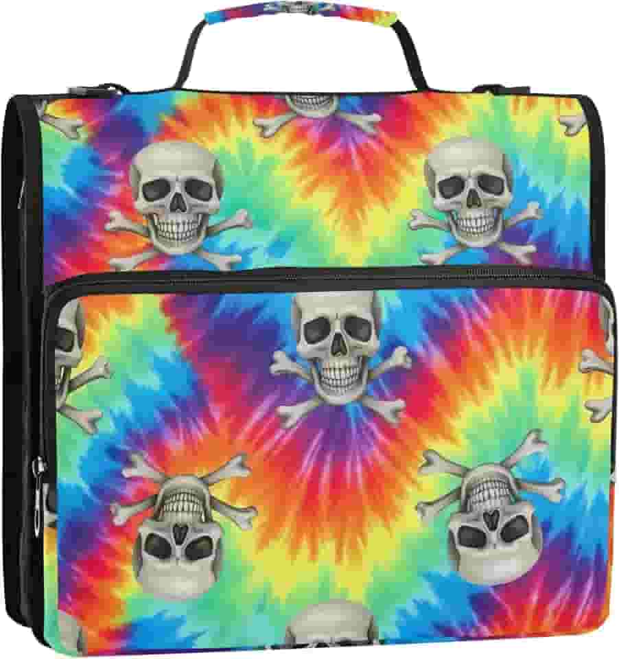 Crânio ossos cruzados, arco-íris, tie dye, fichários de 3,5 polegadas, 3 anéis, organizador de fichário resistente, bolsa de fichário para ensino médio com alça, portfólio divertido, comporta 500