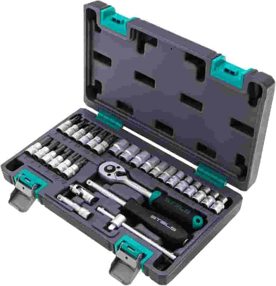 Stels Jogo de Ferramentas 29 Peças 1/4", Aço Cromo Vanádio, Catraca 72 Dentes + Acessórios, Caixa Plástica - Ideal para Reparos Automotivos e Domésticos