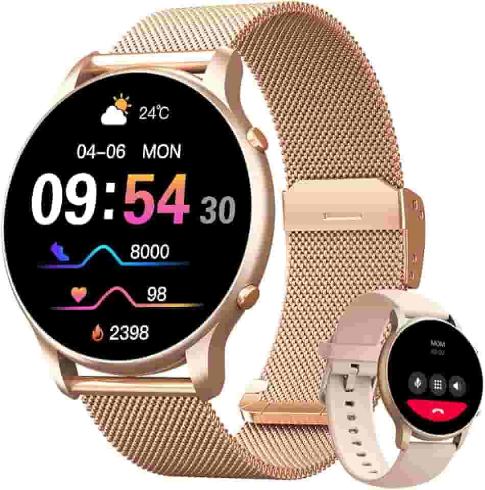 Smartwatch Feminino 1.32" Full Touch, IP68 à Prova d'Água, Ligações Bluetooth, 100+ Modos Esportivos, Notificações Inteligentes, Assistente de Voz, Compatível com iOS/Android, Inclui 2 Pulseiras, Ouro