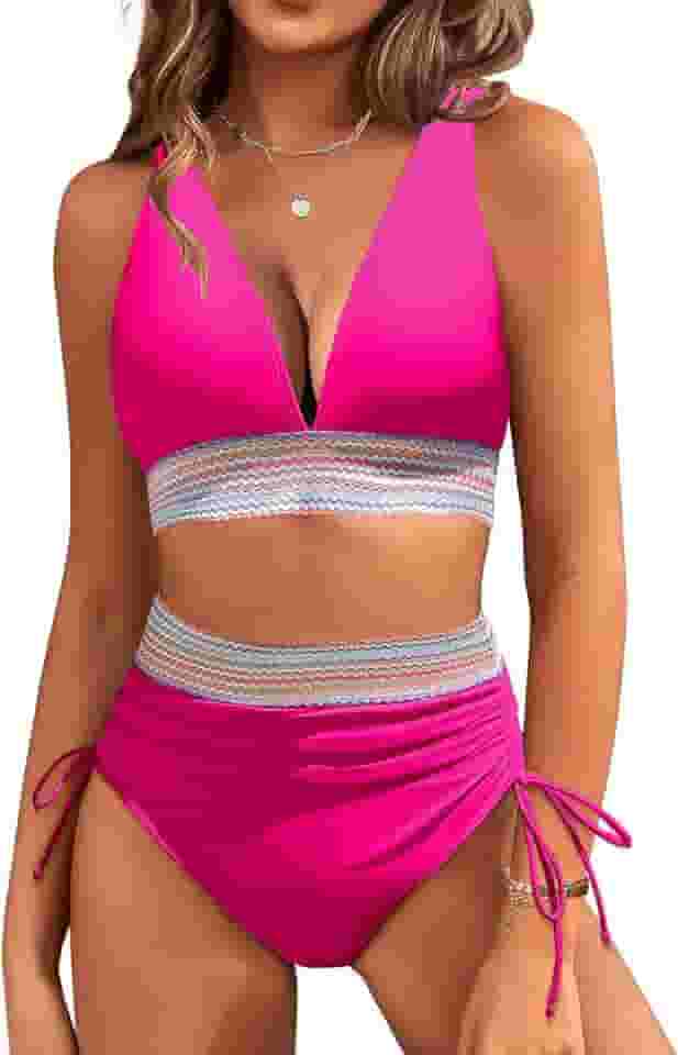 Conjunto de biquíni feminino com decote em V, 2 peças, cintura alta, colorido, cordão, roupa de banho com controle de barriga
