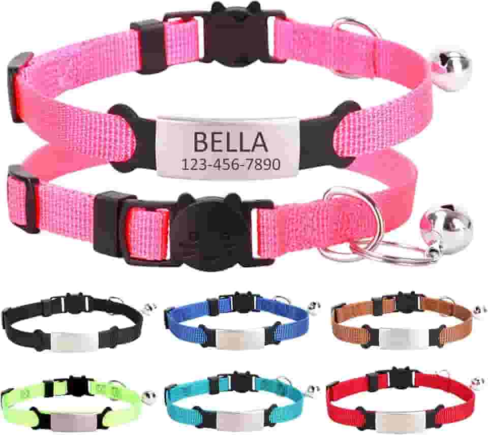 Coleiras de gato gravadas personalizadas com nome e número de telefone, fivela ajustável personalizada e coleira de identificação de sino para gatinhos e gatos