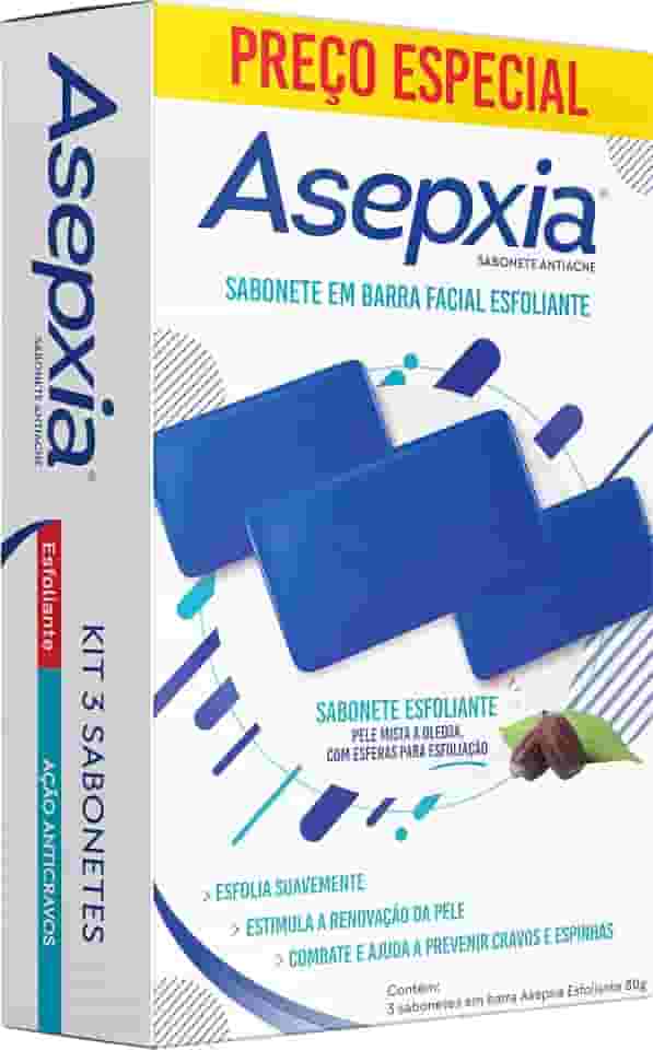 Kit Asepxia Sabonete Em Barra Facial Esfoliante Antiacne Para Pele Oleosa, Limpeza Profunda Com Microesferas Naturais, Remove Cravos E Controla A Oleosidade, 80g, 3-Pack