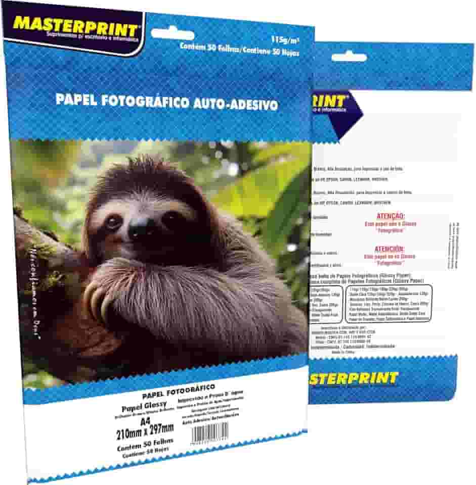 Papel Fotográfico, Masterprint, Inkjet, A4, Glossy, 115 Gramas, Auto Adesivo, Pacote com 50
