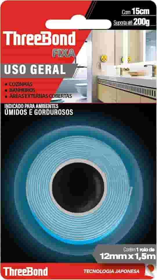 Fita Dupla Face Cozinha Banheiro ThreeBond |Tamanho 12mm x 1,5M | Suporta 200g em 15cm | Ambiente Úmido e Gorduroso