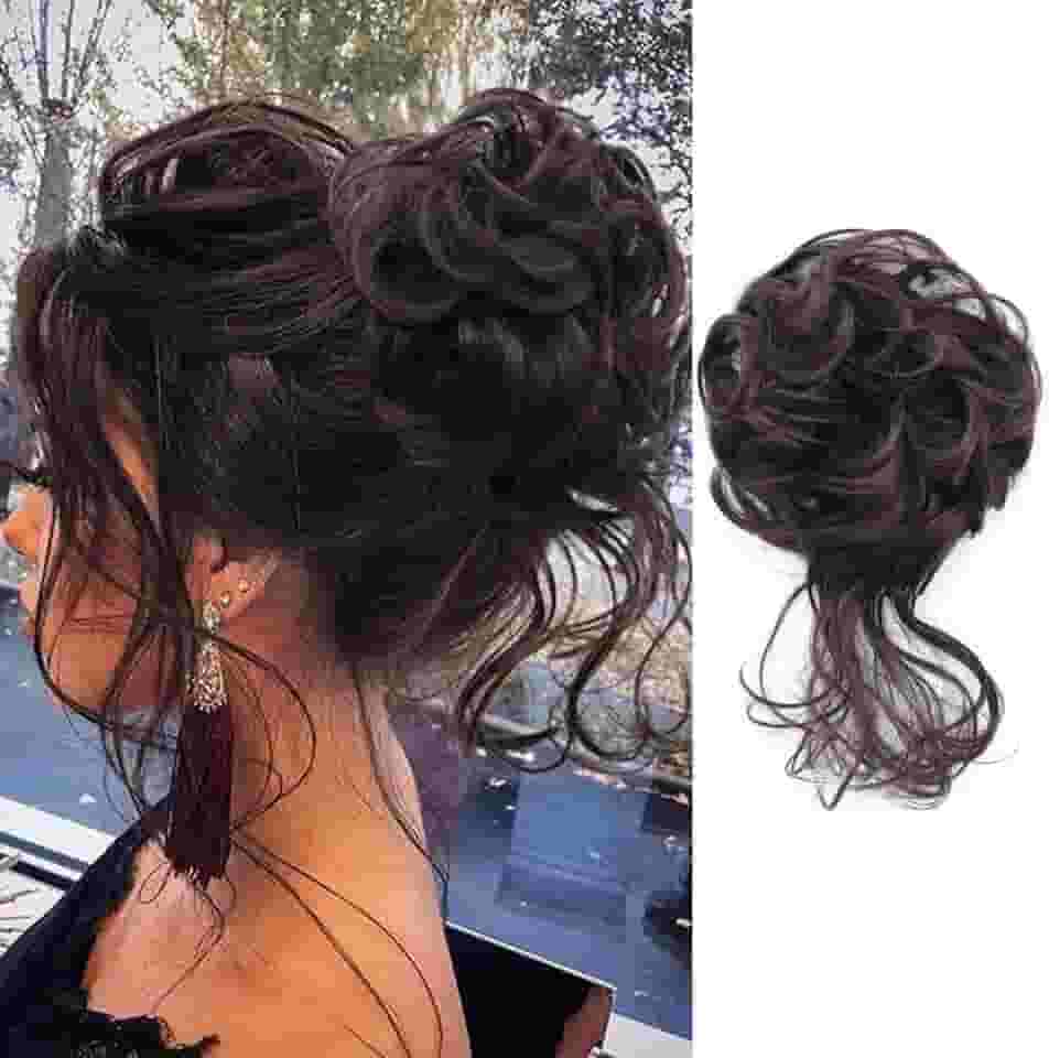KETHBE Coque bagunçado para cabelo penteado, pãezinhos de cabelo, elástico para extensões de cabelo, cacheado, para mulheres (marrom chocolate)