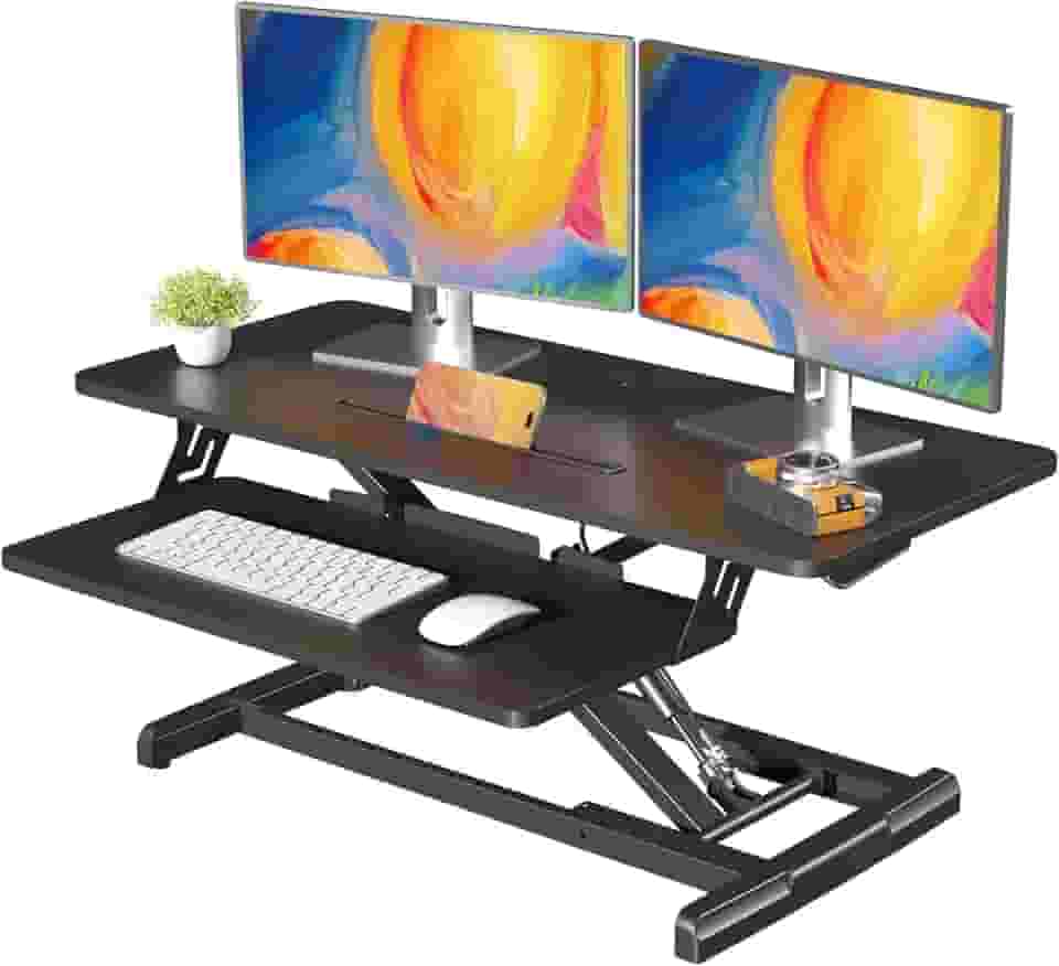 JOY worker Conversor de mesa em pé, suporte de mesa ajustável de 89 cm de altura com bandeja de teclado, suporte para estação de trabalho de mesa para laptop, placa de partículas, preto