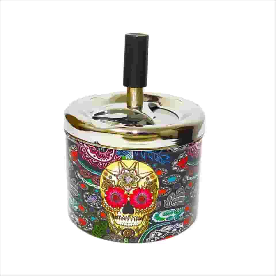 Cinzeiro Metal C/Tampa Anti-Cheiro Giratória Redondo À Prova De Vento 9x7,5cm Fechado Automático Estampas Caveiras Mexicanas Premium (Golden Skull)
