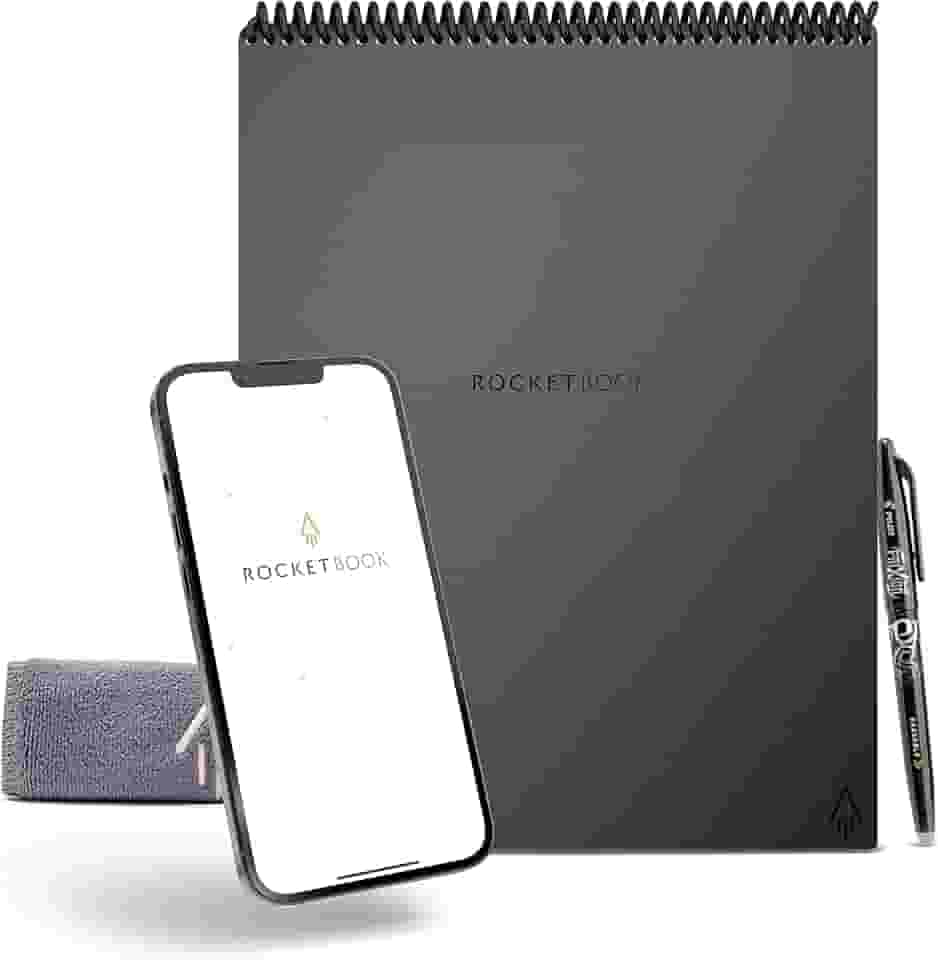 Caderno Rocketbook Flip, com 1 caneta Pilot Frixion e 1 pano de microfibra, tamanho Carta, cinza