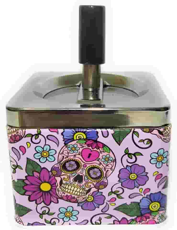 Cinzeiro Metal C/Tampa Anti-Cheiro Giratória À Prova De Vento 8,5x7cm Fechado Automático Caveira Dado Cartas Naipes Premium (Candy Mexican)