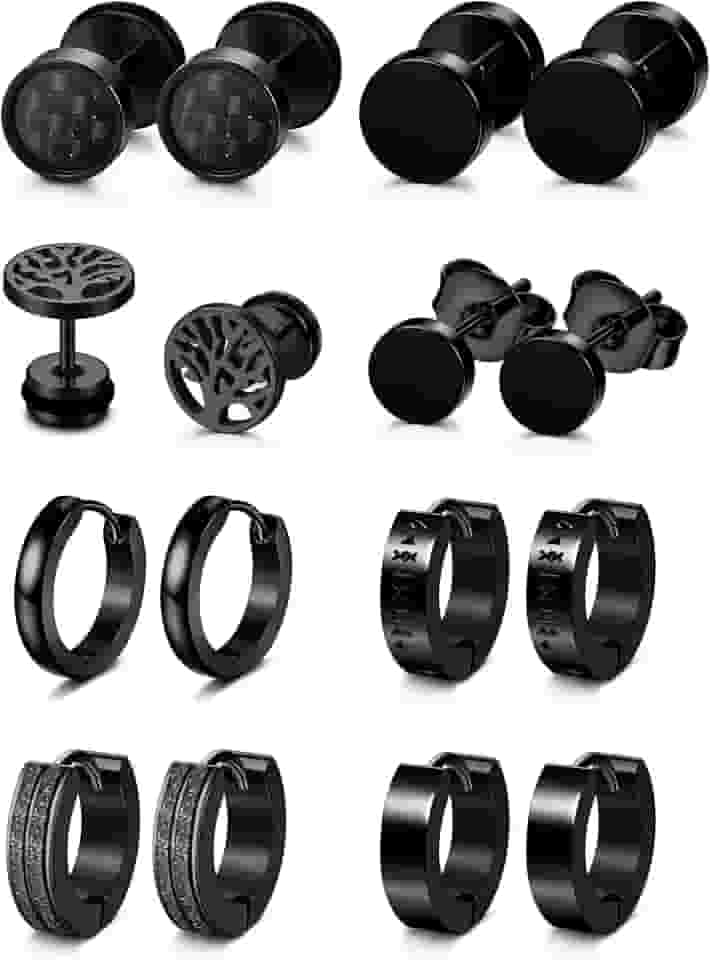 8 pares de brincos masculinos pretos de aço inoxidável preto para homens