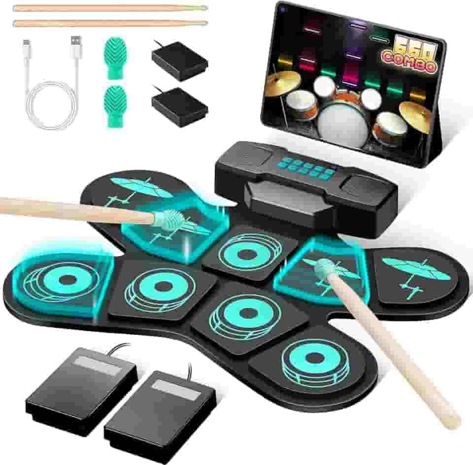 VEDO Kit de Bateria Eletrônica Portátil VD-SJG: 9 Pads com Alto-Falantes Duplos, Design Dobrável, Conexão MIDI/Jogos, Bateria de 4h - Presente Musical Perfeito para Iniciantes e Crianças