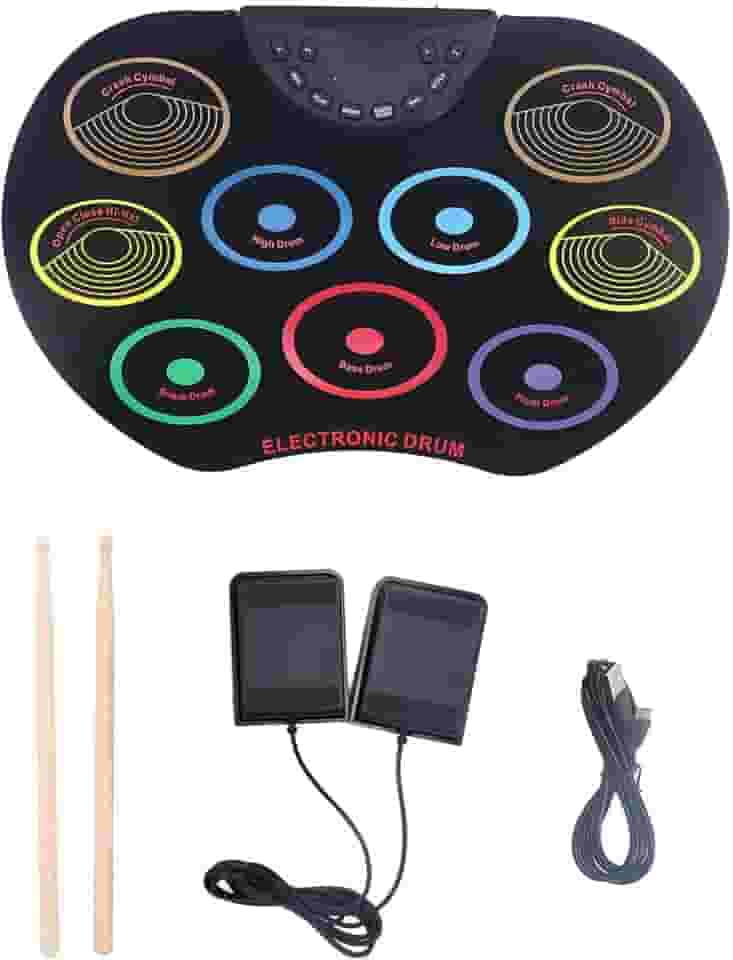 Conjunto de bateria eletrônica siwoted, portátil, fácil de tocar, pedais de enrolar, baquetas para crianças