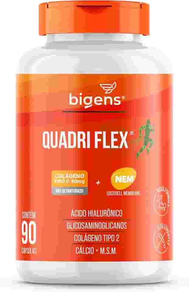 Quadri Flex, Colágeno tipo 2, NEM® (GlucosaCondroitin), Hialurônico, M.S.M, Cálcio, 90 Caps, Bigens