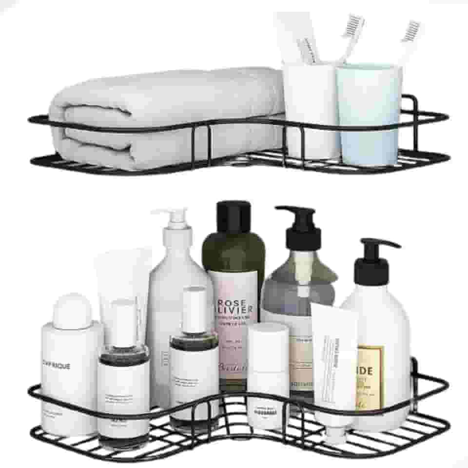 MLTM ECOM Prateleira de Canto para Banheiro e Cozinha Suporte Multifuncional Sem Furar Preto Kit com 2 Unidades Organizador de Parede para Shampoo e Sabonete