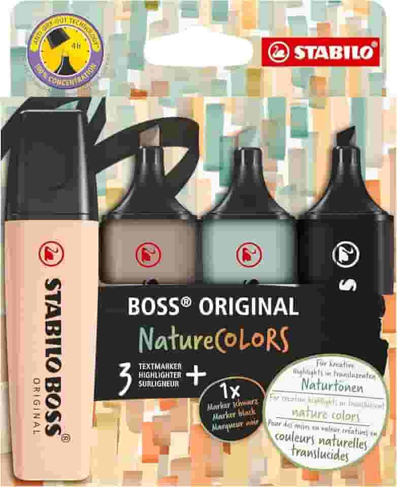 Marca Texto – STABILO BOSS ORIGINAL NatureCOLORS – Estojo com 4 unidades – Beige, Warm Grey, Earth Green, Preto