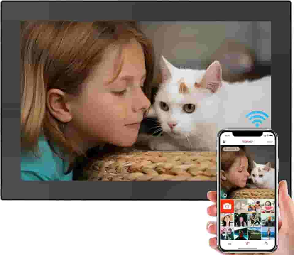 Moldura digital WiFi de 10,1 polegadas, tela sensível ao toque IPS HD 1280 x 800, moldura inteligente, rotação automática, compartilhe fotos/vídeos instantaneamente e envie os melhores desejos de