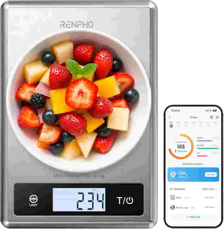 RENPHO Balança digital de alimentos com calculadora nutricional, balança inteligente de cozinha, balança de peso alimentar gramas e onças para perda de peso, calorias, macro e culinária, aço
