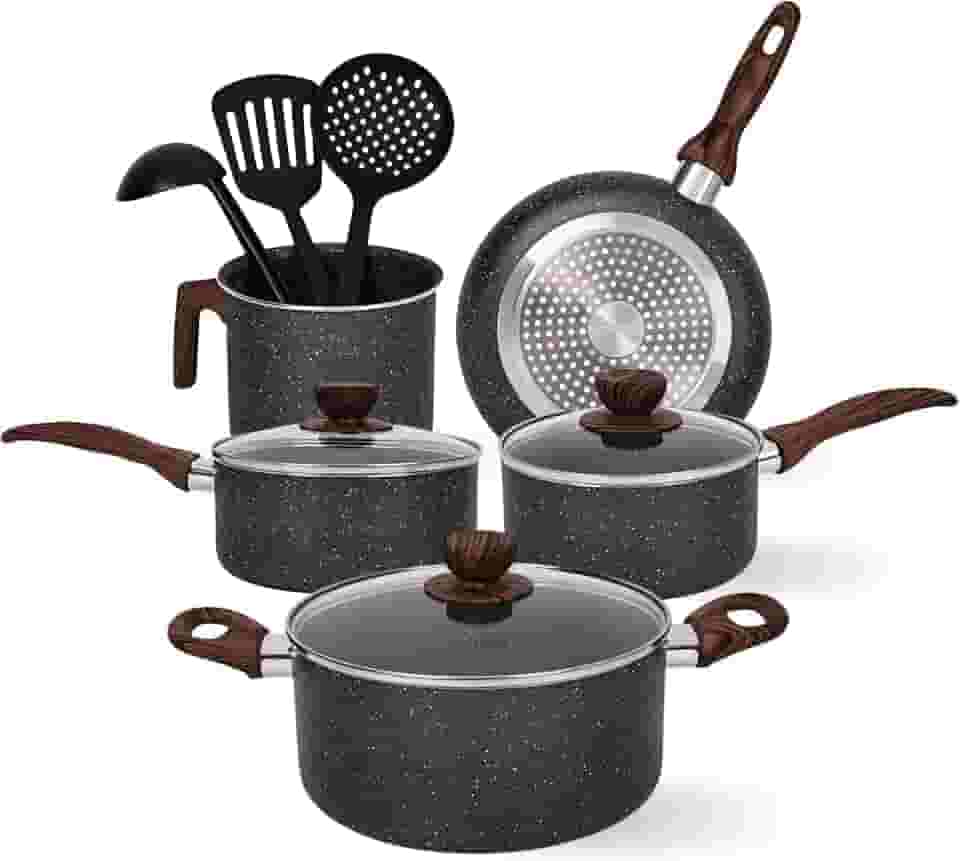 Jogo de Panelas Cerâmica Antiaderente Indução 8 Peças, Conjunto Resistente, Fácil de Limpar, Preto