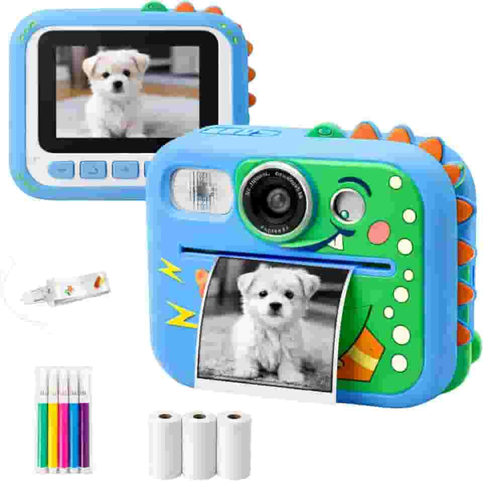 Câmera Fotográfica Infantil Digital que Imprime com Canetinhas, Presente Menina Menino, Máquina Fotográfica Infantil (Dinossauro)
