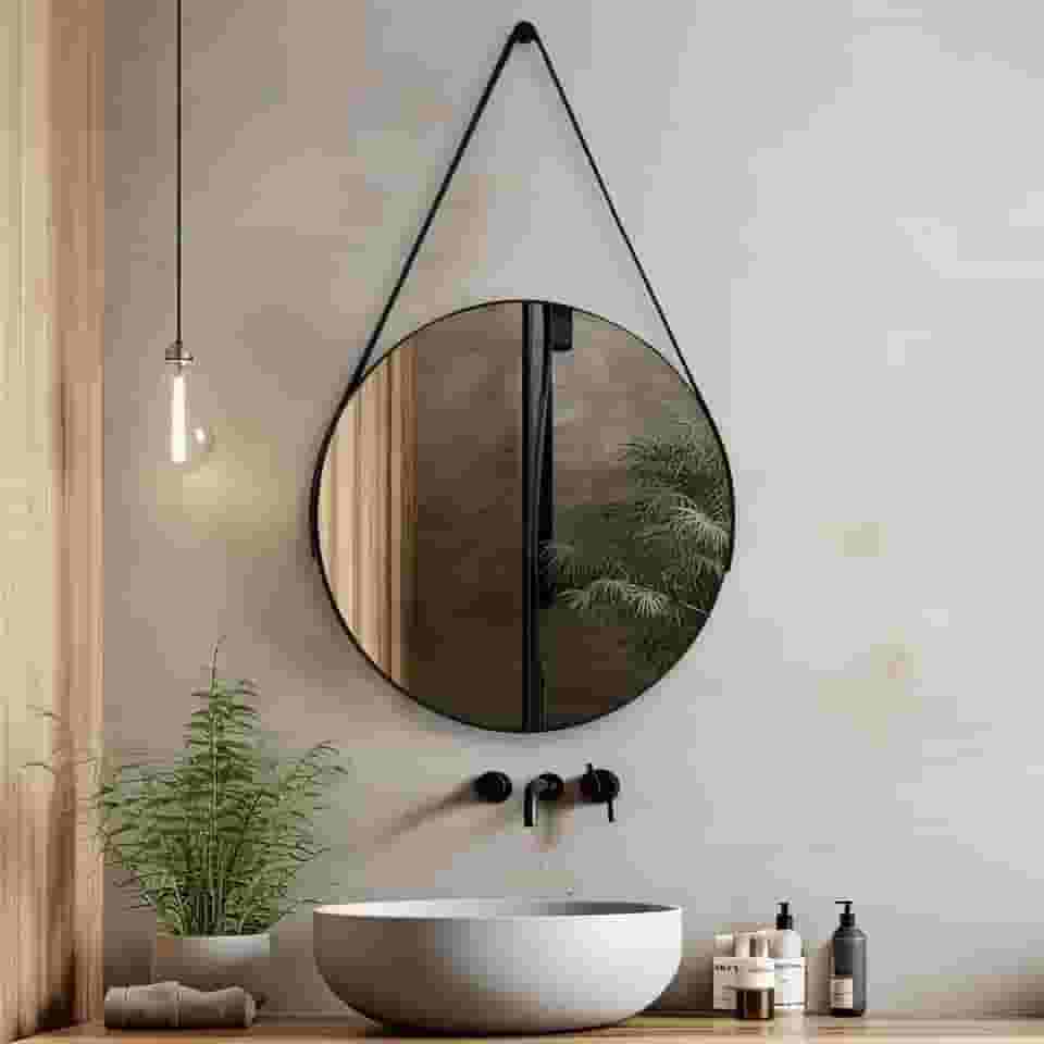 Espelho Redondo 60cm Adnet com Alça de Couro Decoração Moderna para Banheiro Sala ou Quarto (Preto)