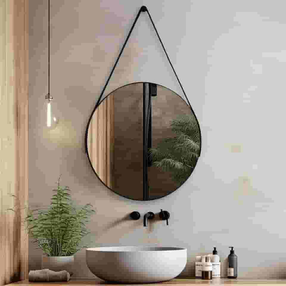 Espelho Redondo 60cm Adnet com Alça de Couro Decoração Moderna para Banheiro Sala ou Quarto (Preto)
