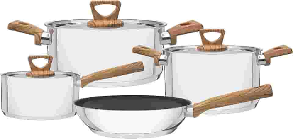 Jogo de Panelas Brava Antiaderente Cabos e Alças com Acabamento Efeito Amadeirado, Tramontina, Inox, 4 Peças