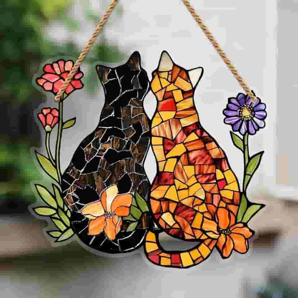 Ornamentos de cortina de acrílico para gatos da amizade com pingente de corda colorido apanhador de sol varanda decoração de casa