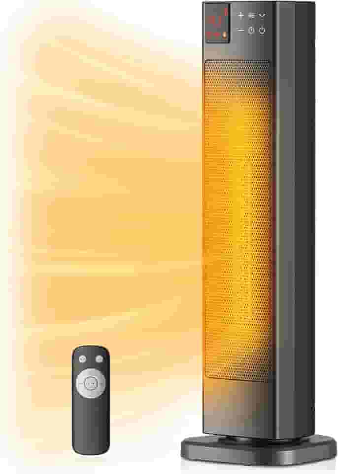 PELONIS Aquecedor de ambiente interno de torre de cerâmica oscilante para casa com oscilação, termostato programável e modo ECO, temporizador 12H e controle remoto, proteção de segurança, 23
