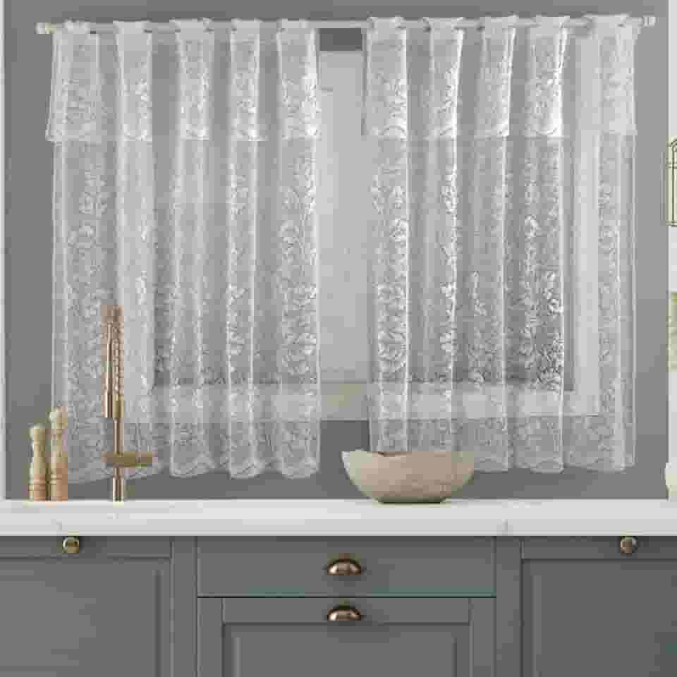 Cortina de Renda Para Cozinha Toda Branca de Varão Simples Desenho Folhagens 2,50m x 1,20m