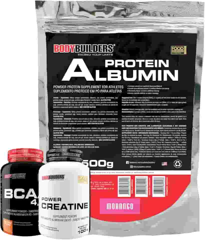 Kit Albumin Protein Morango 500g + Creatina Tangerina 100g + BCAA 4,5g Tangerina 100g - Bodybuilders