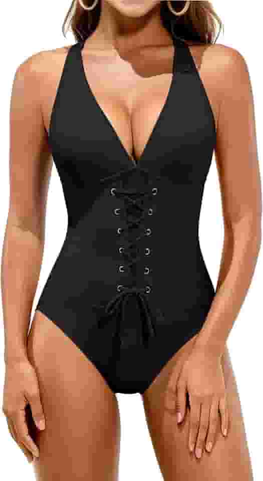 Maiô feminino com controle de barriga emagrecedor, push up, com cadarço e gola V, roupa de banho modesta