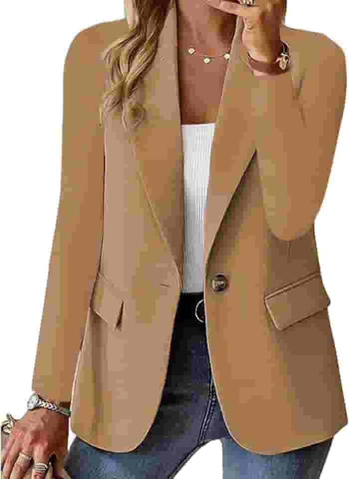 Blazer feminino casual, manga comprida, cor sólida, frente aberta, trabalho, escritório, com bolsos