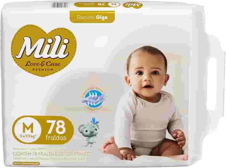 Mili Fralda Infantil Love & Care Tamanho M, Alta Absorção, Ajuste Confortável, 78 Unidades