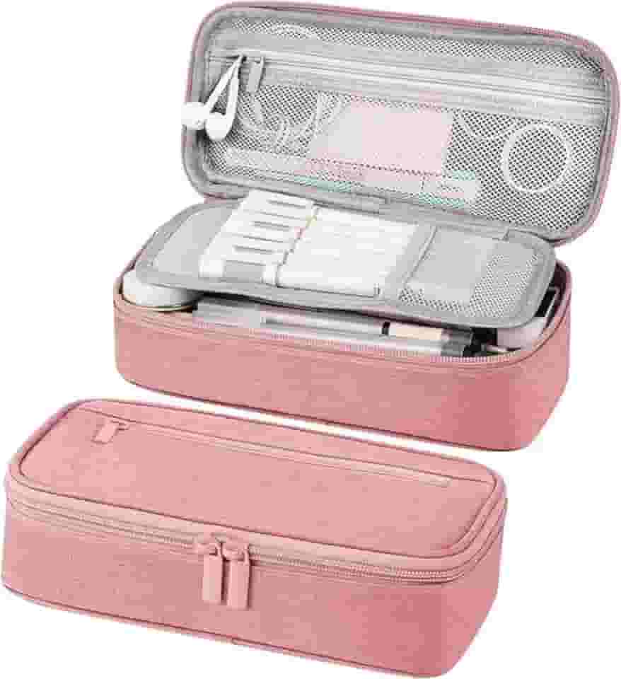 Estojo Multiuso com 2 Divisórias, Alça e Zíper Interno e Externo – Necessaire e Diversos (Rosa)