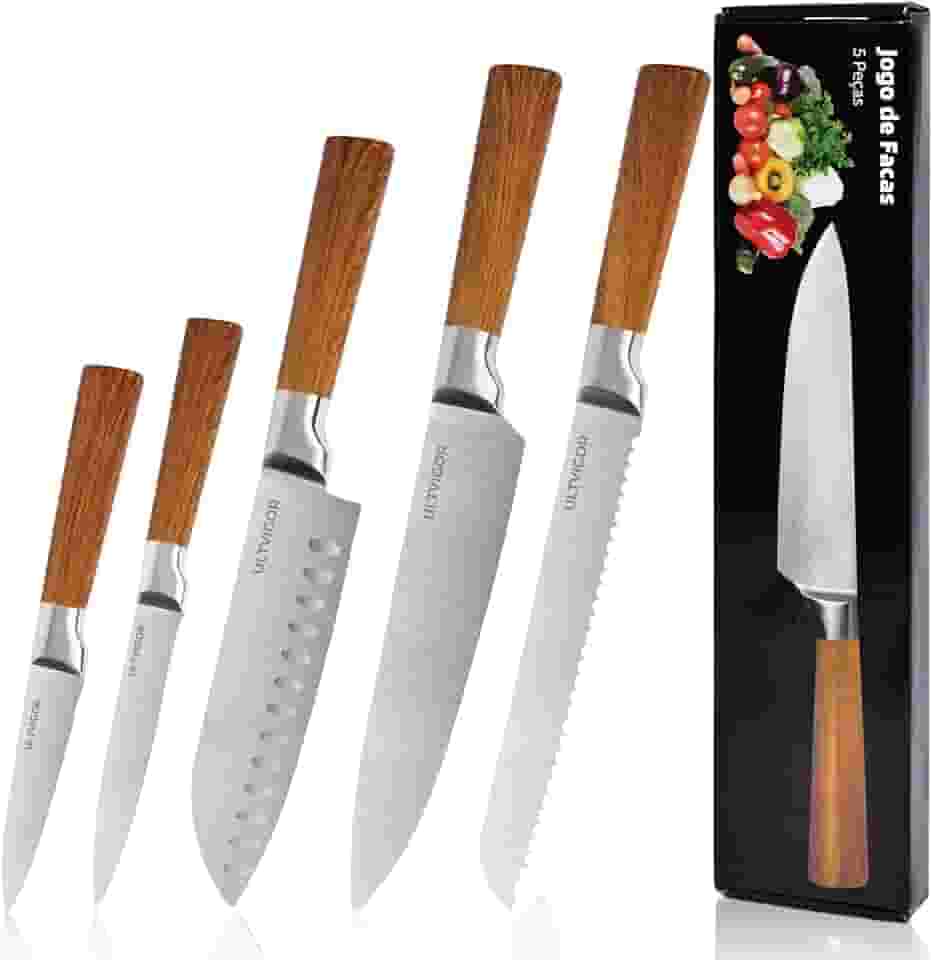 Jogo de Facas 5 Peças, 4CR13 Aço Inoxidável Afiado e Durável, Cabos antiderrapante, Corte Preciso para Cozinhas Domésticas, Inclui Faca de Chef, Santoku