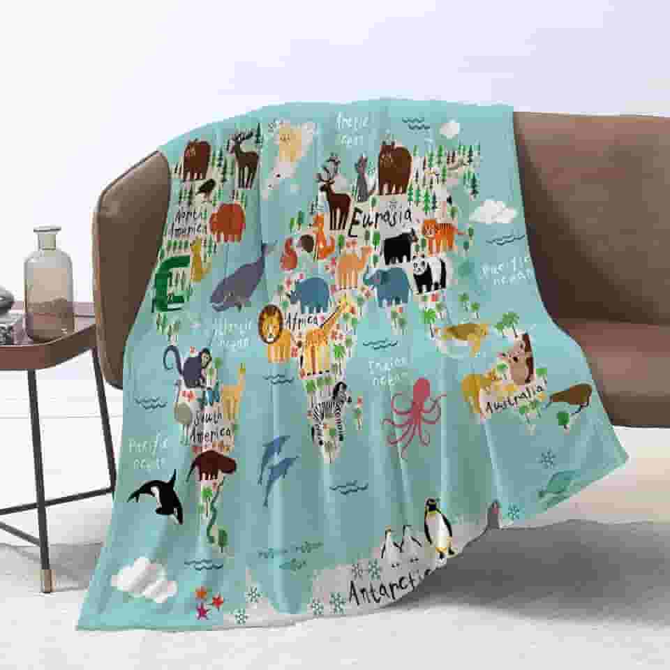 Lmorey Mapa animal do mundo para crianças cobertor cama sofá viagem acampamento cobertor super macio para crianças adultos 152 x 203 centímetros