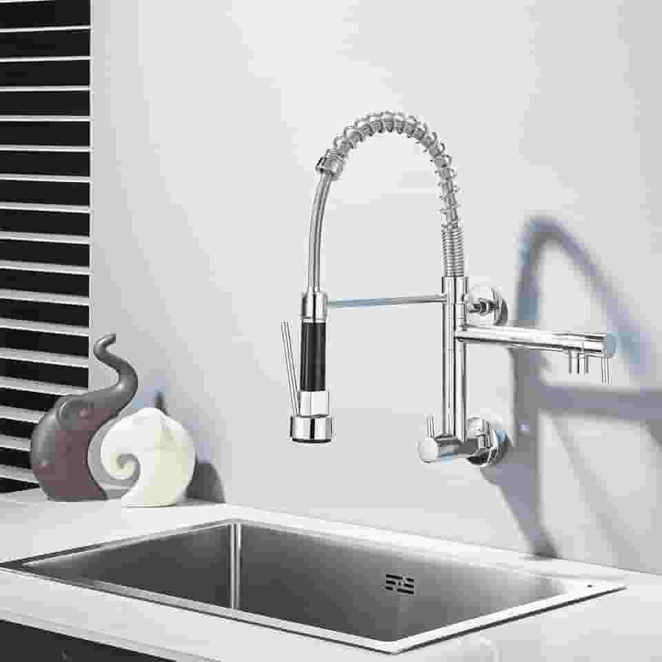 TINICO Torneira de Cozinha Gourmet,Aço Inoxidável Água Fria Única Com Misturador de Extraível,Bicos Duplos Torneira de Parede,Rotação 360,Cromado