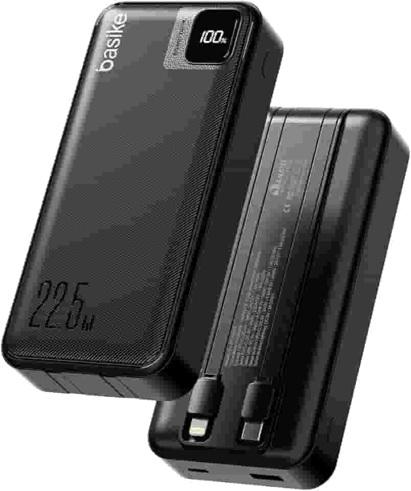 Basike Power Bank, Carregador Portátil Universal 20000mAh, USB-A(até 22.5W)+USB-C(até PD20W), com 2 Cabos Integrados (USB-C, Lightning) Carregamento Rápido, Led Indicador de Bateria (Preto)