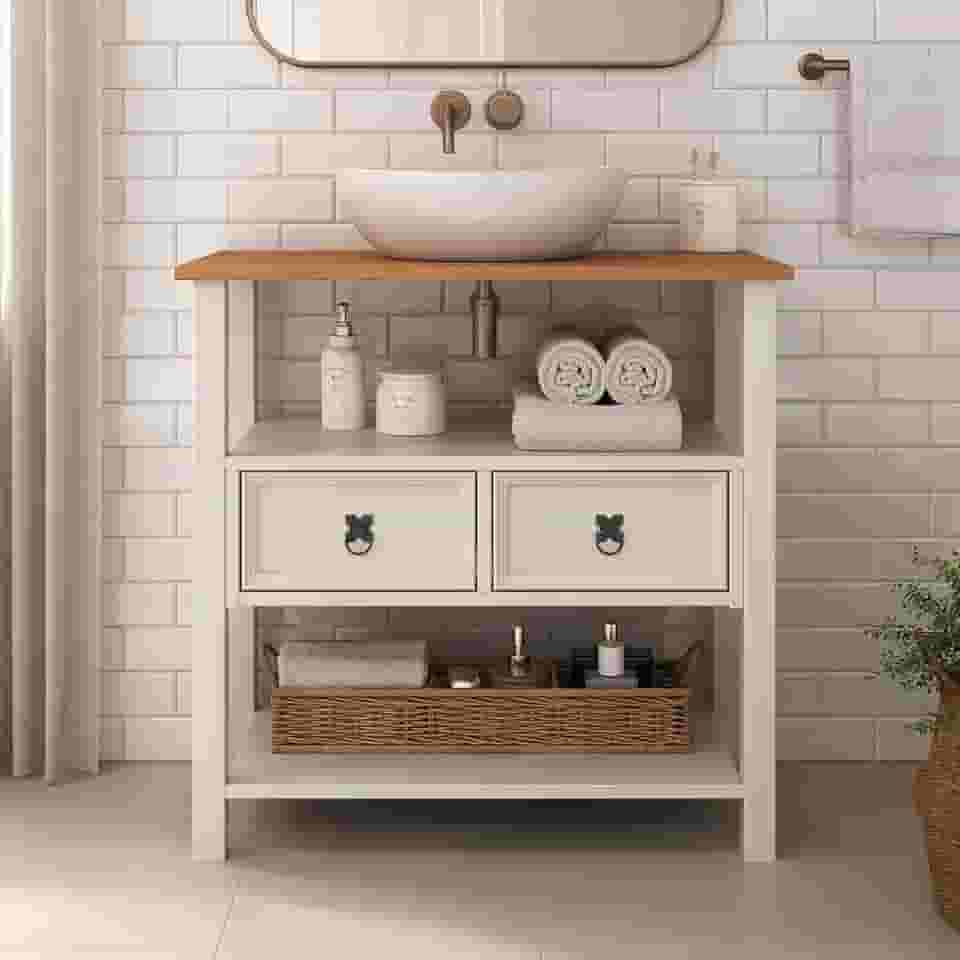 IDIMEX Gabinete Banheiro em Madeira Balcão Armário com Tampo 2 Gavetas e Nichos Tequila cor Branco Freijó 80 cm