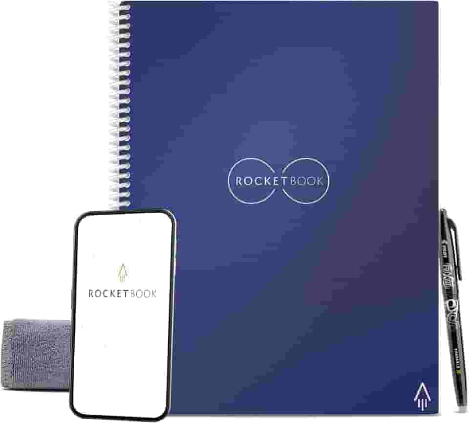 Rocketbook Caderno espiral reutilizável central, tamanho carta 21 x 28, azul marinho - páginas forradas, conectadas a aplicativos, apagável, capa durável, ideal para escola, trabalho e projetos