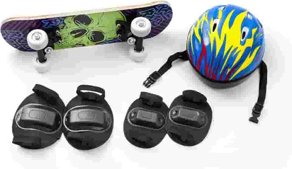 Skate Infantil + Acessórios Segurança E Proteção Com 5 Itens Caveira Verde