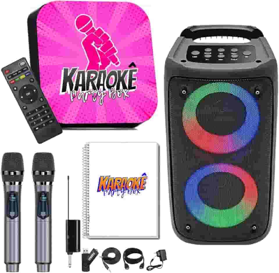 Karaoke Party Box Profissional Rosa +2 Microfones Sem Fio +Caixa De Som +2000 Músicas +Catálogo (Sistema Com Pontuação) Jukebox Com Lista De Espera