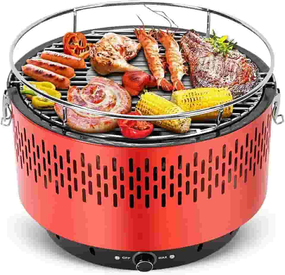 Portatil Churrasqueira Carvao, Table Grill, Adequado para Carvão sem Fumo, Braseiro Esmaltado, Churrasqueira de Mesa, Grelha Removível de 34,5 cm, Ajuste Preciso da Temperatura, Vermelho