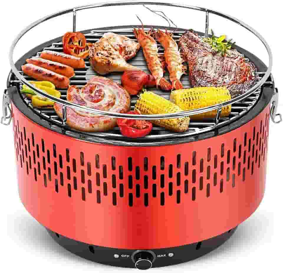 Portatil Churrasqueira Carvao, Table Grill, Adequado para Carvão sem Fumo, Braseiro Esmaltado, Churrasqueira de Mesa, Grelha Removível de 34,5 cm, Ajuste Preciso da Temperatura, Vermelho