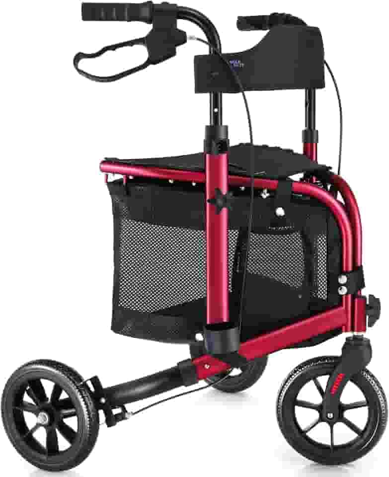 WALK MATE Andador De Rolo De 3 Rodas Com Assento Para Idosos Magros, Encosto Acolchoado Andador Dobrável Leve Ideal Para Idosos, Tri-Roda De 8 Polegadas, Mobilidade Moderna, Auxílio Para Caminhada, Al